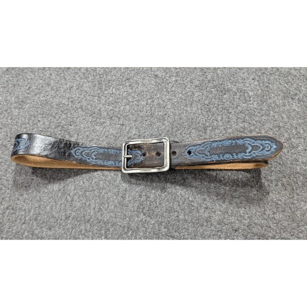 VTG Leather Island Belt 36 Brown Blue Etched Western Bill Lavin Silver Buckle